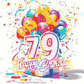 Animated star-shaped confetti, multicolor balloons, and a gift box in a joyful 79th birthday GIF