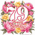 Animated 79th birthday GIF featuring a wreath of beautiful peonies, perfect for her special day