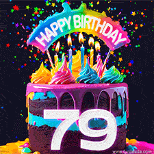 Chocolate cake with cyan layers, pink dressing and a big number 79 adorned with vibrant multicolored frosting, lit candles, and a rainbow topper with text that says 'Happy Birthday'. Animated colorful confetti move behind the cake.
