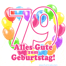 Ein verspieltes animiertes Geburtstags-GIF mit bunten Ballons in Herzform und der Zahl 79.