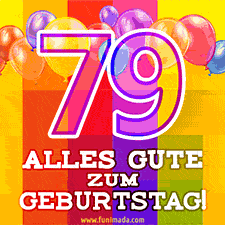Große Zahl 35 in Umrissschrift, die Worte 'Alles Gute zum 79. Geburtstag', mehrfarbige animierte Ballons und lebendiger Hintergrund.