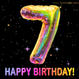 Shiny number 7 birthday celebration balloon with an iridescent glow and glitter on a black background with twinkling stars.
