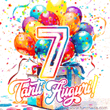 Animazione con palloncini colorati e scintillanti, accompagnata dal numero 7 in caratteri grandi e luminosi, e la scritta 'Tanti Auguri!' in stile vivace.
