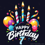 A celebratory sticker-themed 7th birthday animated image with lit candles, balloons, and streamers. The text reads 'Happy Birthday 7 with a stylized, dynamic font.