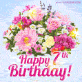 Happy 7th Birthday Greeting Card - Beautiful Flowers and Flashing Sparkles