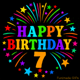 A birthday cake with lit candles is shown with colorful balloons and animated confetti.
