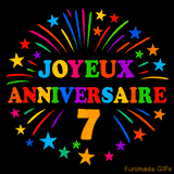 GIF animé 'Joyeux Anniversaire 7' avec des lettres colorées et des feux d'artifice éclatants