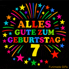 Animiertes GIF 'Alles Gute zum Geburtstag 7 mit bunten Buchstaben und leuchtenden Sternen