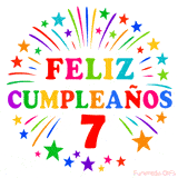 Imagen animada para felicitar los 7 años con letras de colores y diseño festivo.