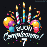 Augura buon compleanno ai 7 anni con questa GIF colorata e festosa: palloncini, stelle e candele per un augurio digitale indimenticabile