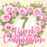 GIF per il 7° compleanno con un cuore di rose rosa e scritta elegante