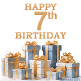 Festive animated eCard with elegant 'Happy 7th Birthday' text above a pile of luxurious blue, white, and gold gift boxes and presents.