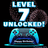Animated GIF for a 7th birthday. The text 'Level 7 Unlocked!' and 'Happy Birthday!' are displayed over a blue video game controller with exploding fireworks in the background.