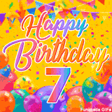 A bright and colorful animation for a 7th birthday, The greeting is set against a yellow backdrop with animated confetti, colorful bunting at the top, and balloons at the bottom.