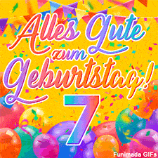 Eine festliche Animation zum 7. Geburtstag, Die Worte 'Alles Gute zum Geburtstag' und die Zahl '7' sind in einer bunten Schriftart gehalten, umgeben von Partyballons und Konfetti.