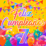 Un GIF animado para un 7º cumpleaños, Muestra el texto 'Feliz Cumpleaños 7' sobre un fondo amarillo vibrante con globos de colores, banderines y una lluvia de confeti.