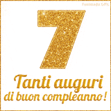 GIF animata per un 7° compleanno, Mostra il numero 7 in grandi caratteri dorati pieni di glitter scintillante, Sotto, la scritta 'Tanti auguri di buon compleanno!' in un elegante oro.