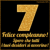 Un GIF animato per un 7° compleanno, Presenta il testo 'Buon Compleanno 7' su uno sfondo giallo vivo con palloncini colorati, festoni e una pioggia di coriandoli.