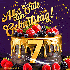 Eine köstlich aussehende animierte Geburtstagskarte für den 7. Geburtstag, dekoriert mit Erdbeeren, Blaubeeren und goldenen Details, Sterne funkeln und fallen, mit 'Alles Gute zum Geburtstag!'-Text.