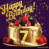 A delicious-looking animated birthday card for a 7th birthday, decorated with raspberries, blackberries, and gold details, Stars sparkle and fall, with 'Happy Birthday!' text above.