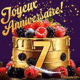 Une animation de célébration d'un gâteau de 7ème anniversaire, Des étoiles dorées tombent du ciel, mettant en valeur le texte 'Joyeux Anniversaire !' et le nombre doré 7 à l'avant du gâteau.