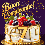 Un GIF animato di una bellissima torta per il 7° compleanno con glassa dorata e frutti di bosco freschi, Il numero dorato 7 è davanti, e stelle cadono su uno sfondo viola scuro.