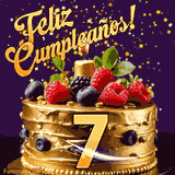 Una animación de celebración de una tarta para el 7º cumpleaños, Estrellas doradas caen del cielo, destacando el texto '¡Feliz Cumpleaños!' y el número dorado 7 en la tarta.