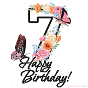 A floral 7th birthday animated greeting card. The number '7' is surrounded by animated flowers and butterflies, creating a beautiful and cheerful way to celebrate the milestone.