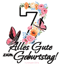 Ein florales GIF zum 7. Geburtstag. Die Zahl '7' ist von animierten Blumen und Schmetterlingen umgeben und bietet eine schöne und fröhliche Art, den Meilenstein zu feiern.