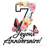 Ce GIF de Joyeux 7ème Anniversaire présente le nombre vingt rempli d'un bouquet vibrant de fleurs animées, avec des papillons qui bougent doucement sur un fond blanc.
