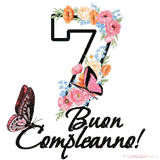 Questo GIF di Buon 7° Compleanno mostra il numero venti riempito con un vibrante bouquet di fiori animati, con farfalle che si muovono dolcemente su uno sfondo bianco.