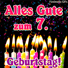 Leuchtende Kerzenflammen und herabrieselndes Konfetti auf schwarzem Hintergrund. Der Schriftzug gratuliert zum 7. Geburtstag in einer verspielten Schrift.