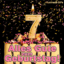 Festlicher Kuchen mit Schokolade und einer brennenden goldenen 7 als Zahlenkerze. Buntes Konfetti fällt herab. Der Text lautet: Alles Gute zum Geburtstag!