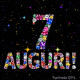 Il numero 7 e l'espressione Auguri disegnati da pietre preziose scintillanti su uno sfondo nero con piccole stelle luminose.