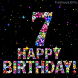 A large number 7 above Happy Birthday lettering, both made of shiny multi-colored crystals, glowing on a black canvas with animated tiny bright stars.