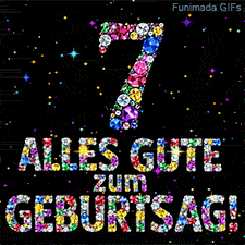 Eine Zahl 7 und der Schriftzug Alles Gute zum Geburtstag aus funkelnden Edelsteinen auf schwarzem Hintergrund mit kleinen bunten Sternen.