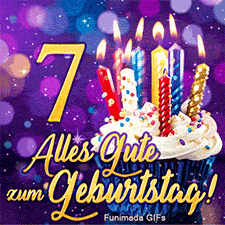 Funkelnder lila Hintergrund mit einer goldenen 7. Ein Muffin mit Streuseln und Kerzen steht über dem Schriftzug 'Alles Gute zum Geburtstag!'.