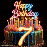 Revolving colorful cake GIF for 7th birthday featuring lit candles, neon rainbow topper, and glowing gold number 7.