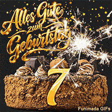 Goldener Sternenregen fällt auf einen leckeren Kuchen. Die Zahl 7 leuchtet neben einer sprühenden Wunderkerze und Geburtstagsglückwünschen.