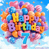 Floating against a sunny blue sky, a group of patterned balloons carries 3D Happy Birthday text and a large blue number 7 tied to the base.
