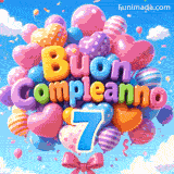 Un mazzo di palloncini festosi ondeggia al vento. L'iscrizione in rilievo Buon Compleanno sormonta il numero 7 azzurro sospeso da fili.