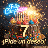 El gran número 7 resalta en este bizcocho de chocolate. Las chispas de una bengala encendida y estrellas cayendo decoran las letras luminosas del saludo.