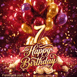 Golden number 7 stands out among bright balloons gift boxes red and white roses and falling confetti with Happy Birthday script in this animated design