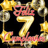 Animación de un GIF con el número 7 en dorado, rodeado de estrellas, burbujas brillantes y la frase 'Feliz cumpleaños' en letras modernas y festivas.
