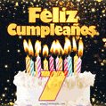 Tarjeta GIF de cumpleaños feliz de 7 años con torta y velas