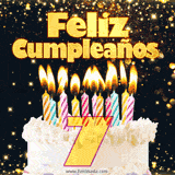 GIF animado de un pastel decorado con velas de colores, con el número 7 resaltado y un fondo brillante que transmite celebración.