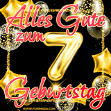 A vibrant greeting card featuring colorful balloons in the background with the large number '7' and the words 'Happy Birthday!' in glowing, bold text