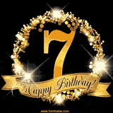 A golden 7th birthday GIF features a decorative circle and ribbon. The design sparkles with light and gold accents against a black background.
