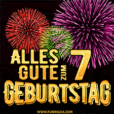 Ein dynamisches animiertes GIF mit buntem Feuerwerk und goldenen Zahlen, die den 7 Geburtstag hervorheben.