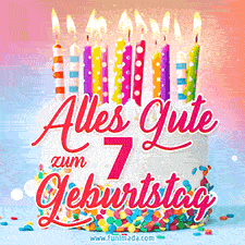 Geburtstags-GIF mit einem weißen Cremekuchen mit bunten Kerzen und Streuseln und den Worten 'Alles Gute zum 7. Geburtstag' in rosafarbenem Zierfisch.
